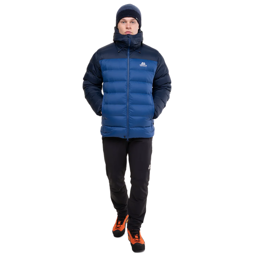 Mountain Equipment Senja Men's Down Jacket in Admiral/Cosmos - Full Front Shot on Model