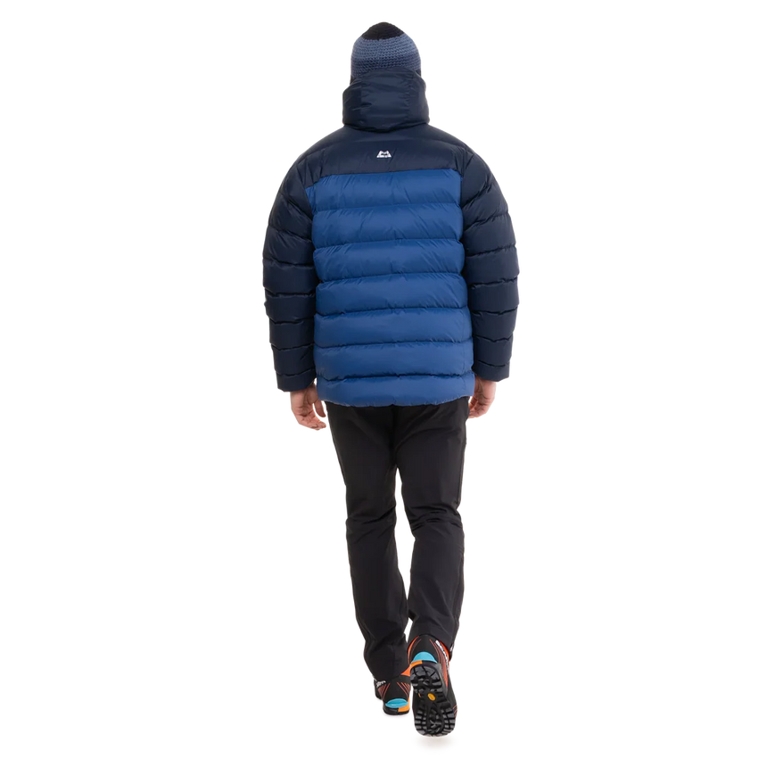Mountain Equipment Senja Men's Down Jacket in Admiral/Cosmos - Full Back Fit Shot on Model