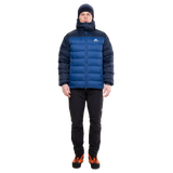 Mountain Equipment Senja Men's Down Jacket in Admiral/Cosmos - Full Front Fit Shot on Model