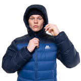 Mountain Equipment Senja Men's Down Jacket in Admiral/Cosmos - Hood Up and Fully Zipped on Model