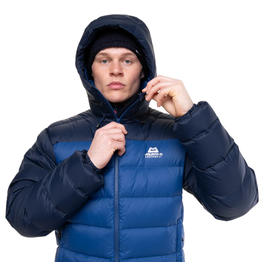 Mountain Equipment Senja Men's Down Jacket in Admiral/Cosmos - Hood Up and Fully Zipped on Model