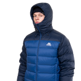 Mountain Equipment Senja Men's Down Jacket in Admiral/Cosmos - Front Angle Close-Up of Hood and Zip on Model