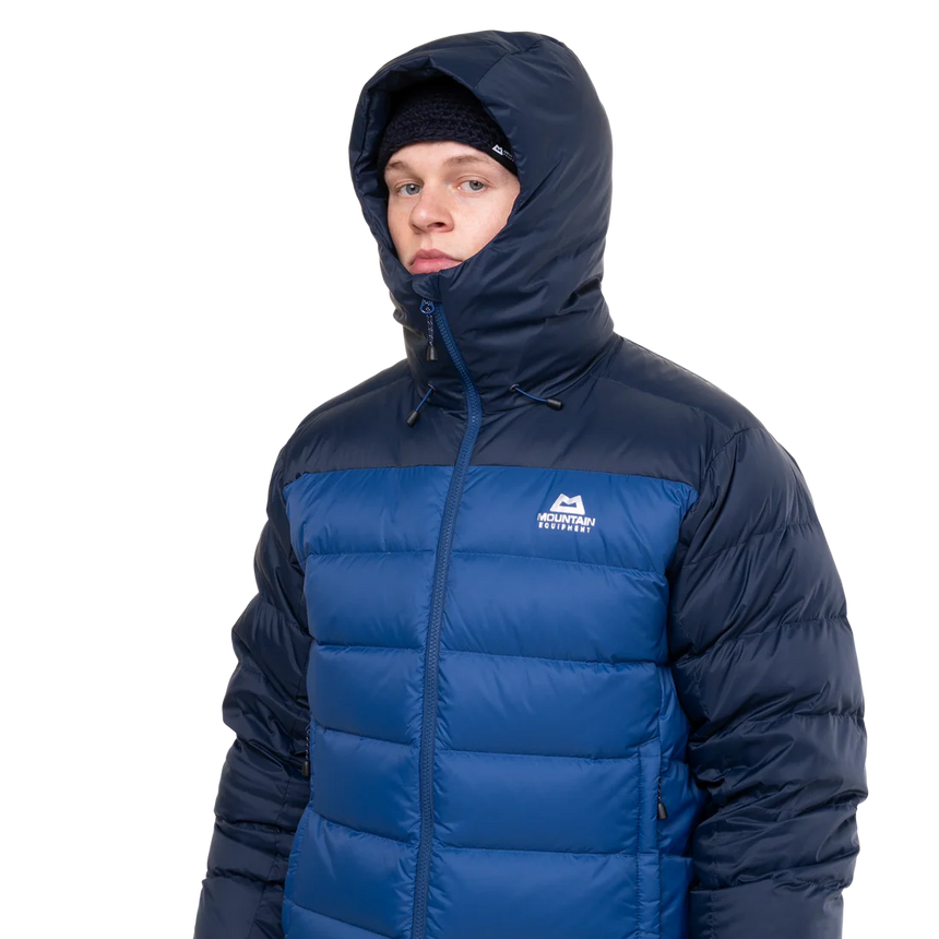 Mountain Equipment Senja Men's Down Jacket in Admiral/Cosmos - Front Angle Close-Up of Hood and Zip on Model