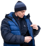 Mountain Equipment Senja Men's Down Jacket in Admiral/Cosmos - Internal Lining and Fabric Detail on Model
