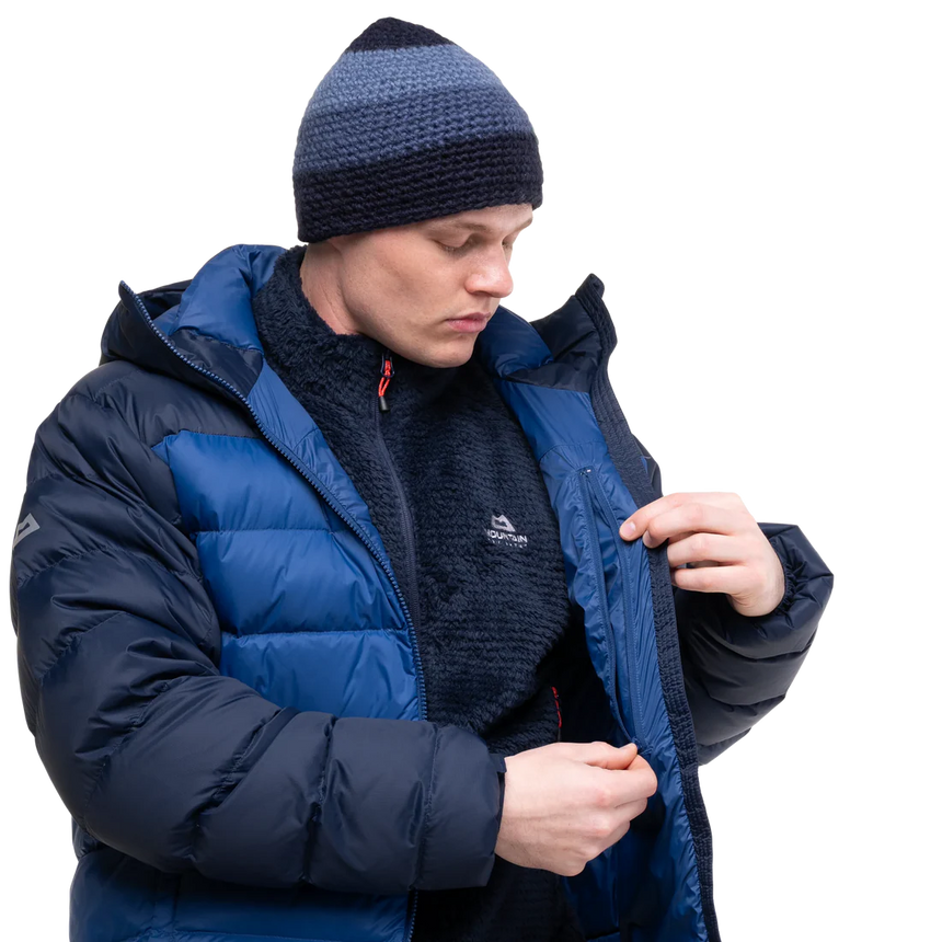 Mountain Equipment Senja Men's Down Jacket in Admiral/Cosmos - Internal Lining and Fabric Detail on Model