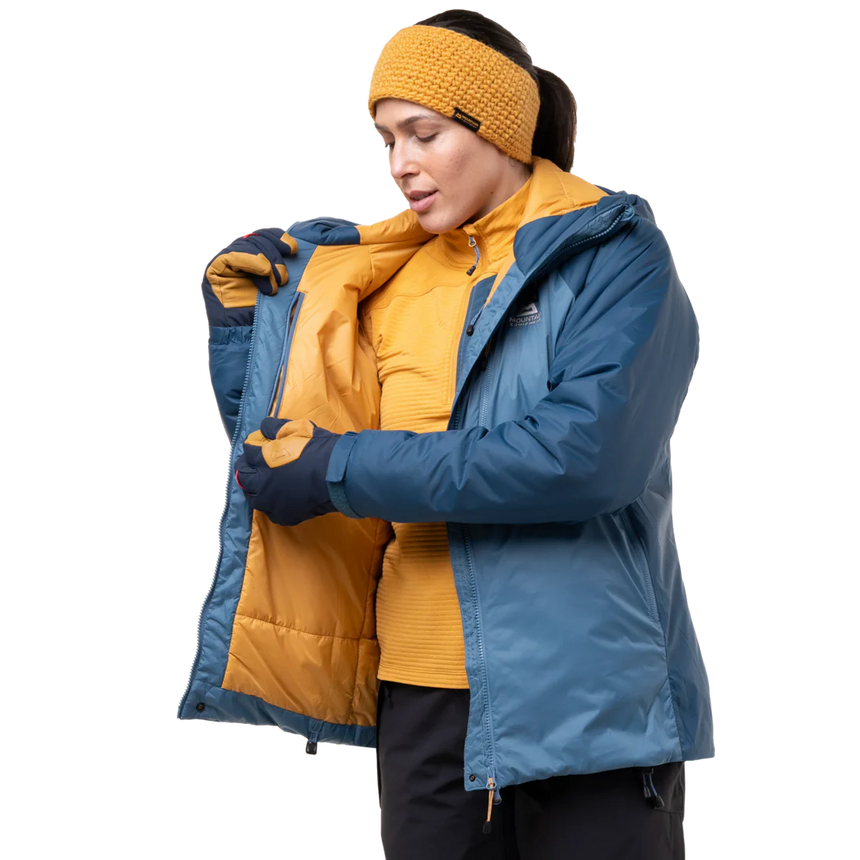 Mountain Equipment Shelterstone Women's Jacket in Stellar/Majolica - On Model Hood Up Side