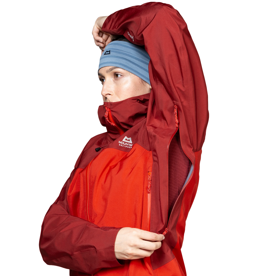 Mountain Equipment Shigri GORE-TEX Women's Jacket in Chili Red/Merlot - Hood Adjustment