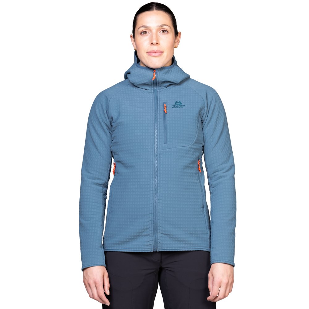 Mountain Equipment Shroud Hooded Women's Jacket in Stellar Blue - Front Fit