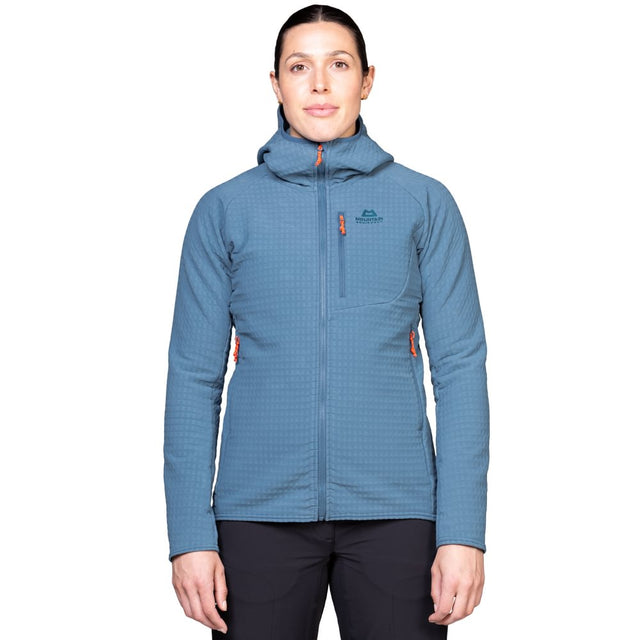 Mountain Equipment Shroud Hooded Women's Jacket in Stellar Blue - Front Fit