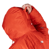 Mountain Equipment Super Oreus Men's Jacket in Magma - Hood detail, worn