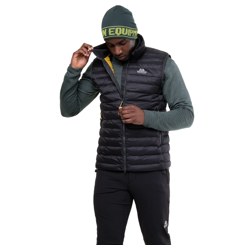 Mountain Equipment Superflux Men's Vest in Obsidian - Detail on Model