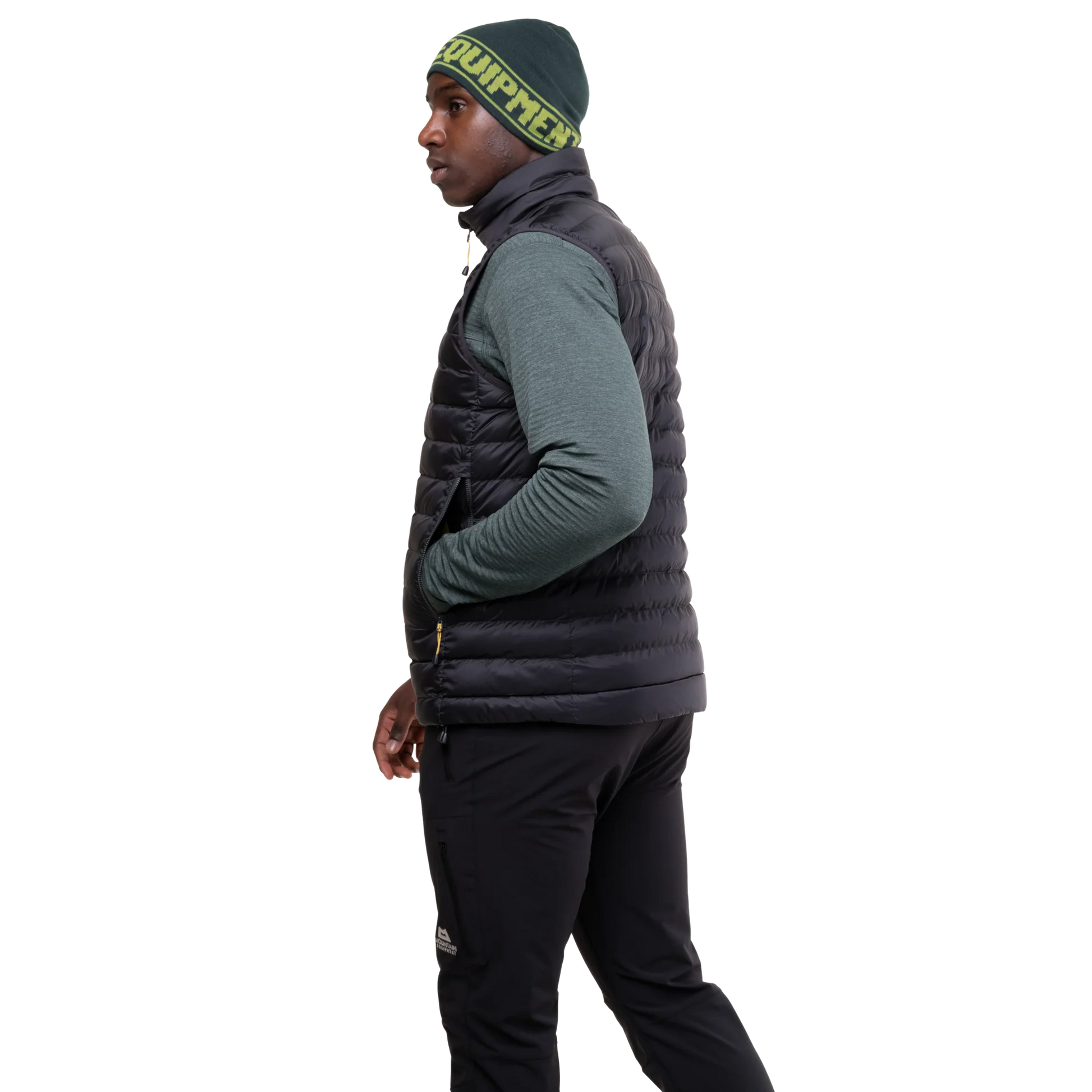 Mountain Equipment Superflux Men's Vest in Obsidian - Side on Model