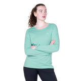 Mountain Equipment Tempi Women's LS Tee in Aqua - Arms crossed