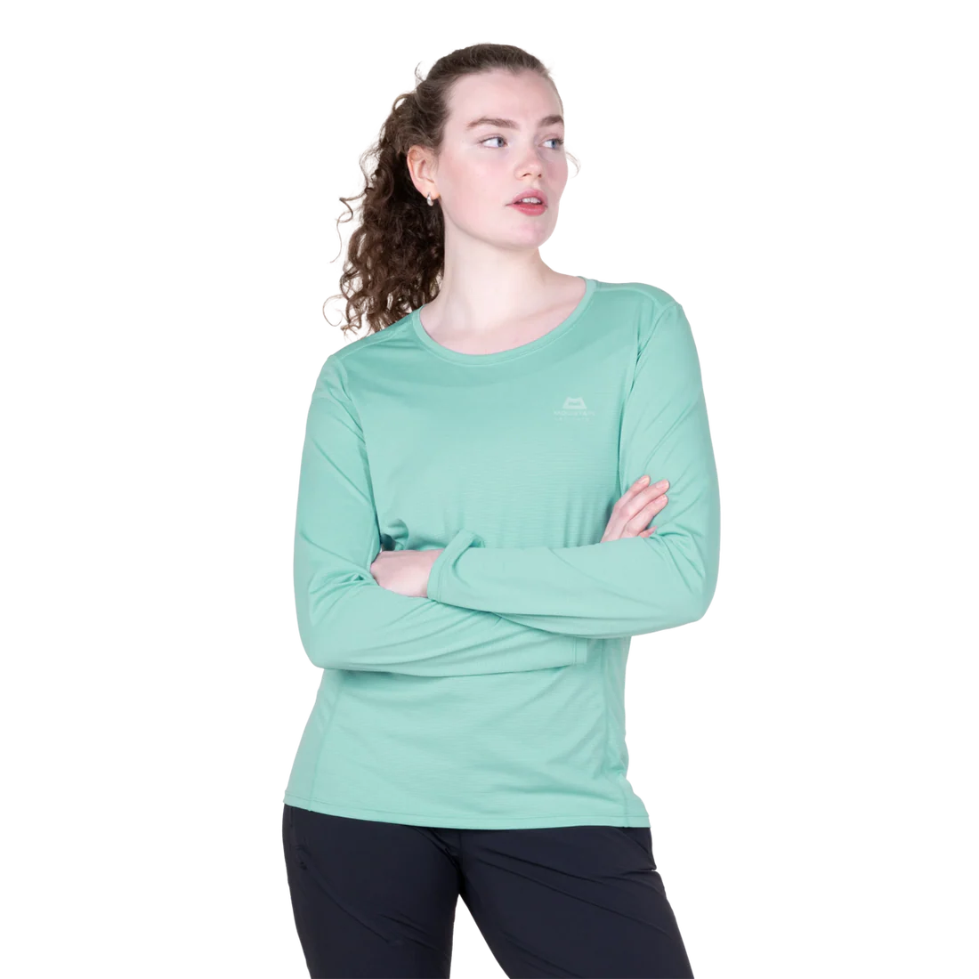 Mountain Equipment Tempi Women's LS Tee in Aqua - Arms crossed