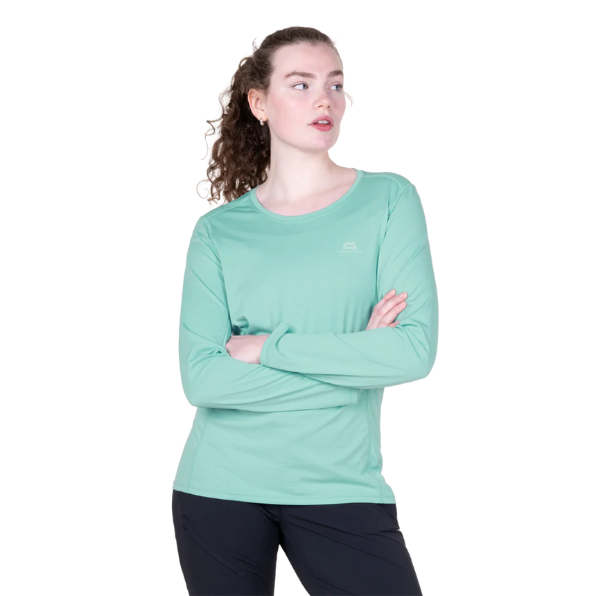 Mountain Equipment Tempi Women's LS Tee in Aqua - Arms crossed
