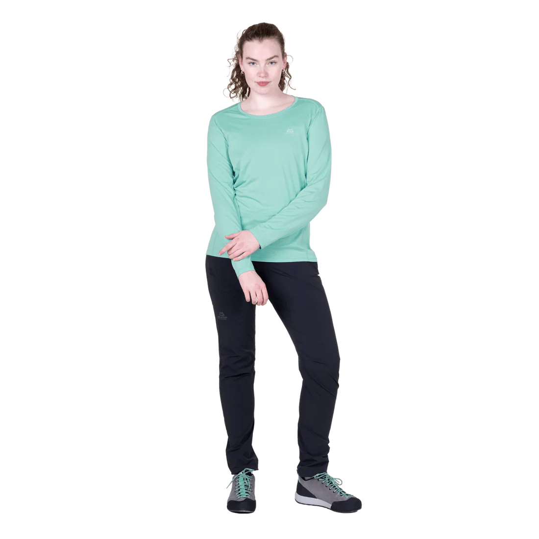 Mountain Equipment Tempi Women's LS Tee in Aqua - Front walking