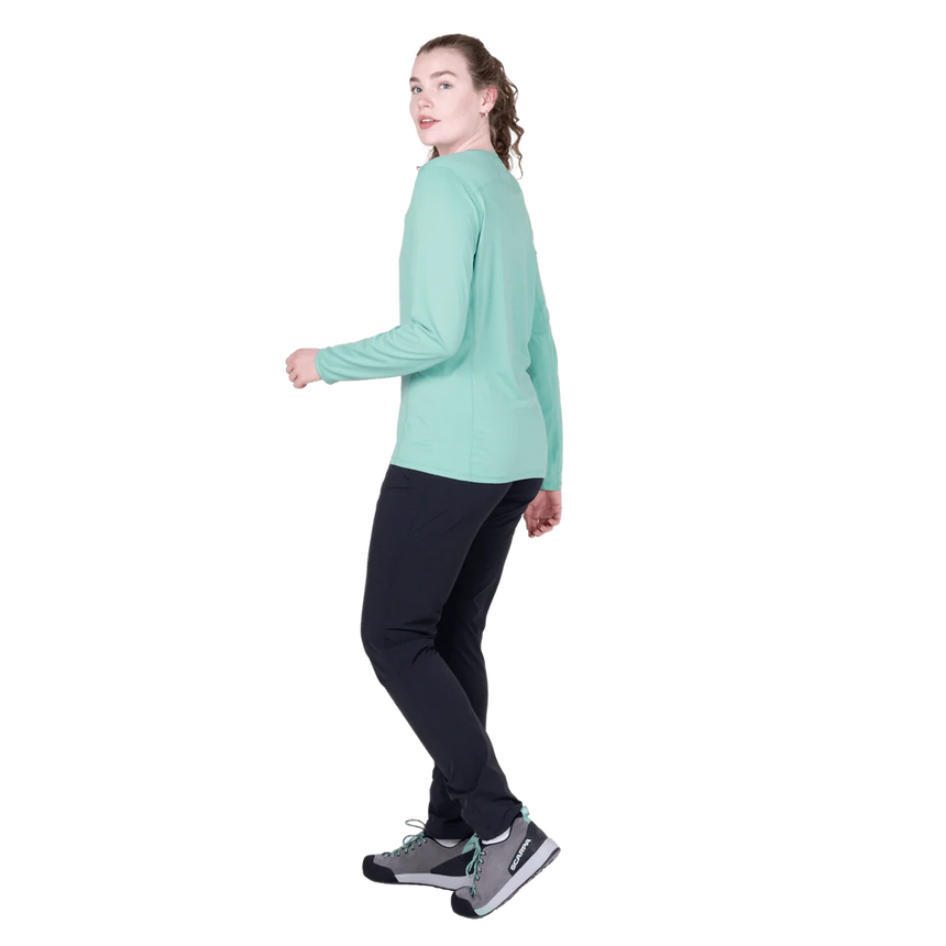 Mountain Equipment Tempi Women's LS Tee in Aqua - Side walking