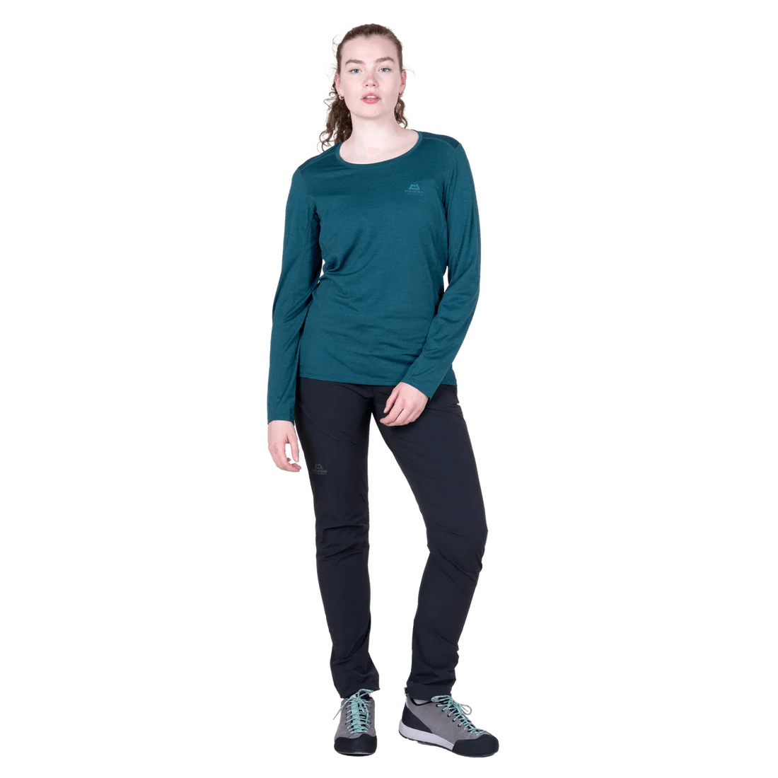 Mountain Equipment Tempi Women's LS Tee in Majolica Blue - Arms crossed