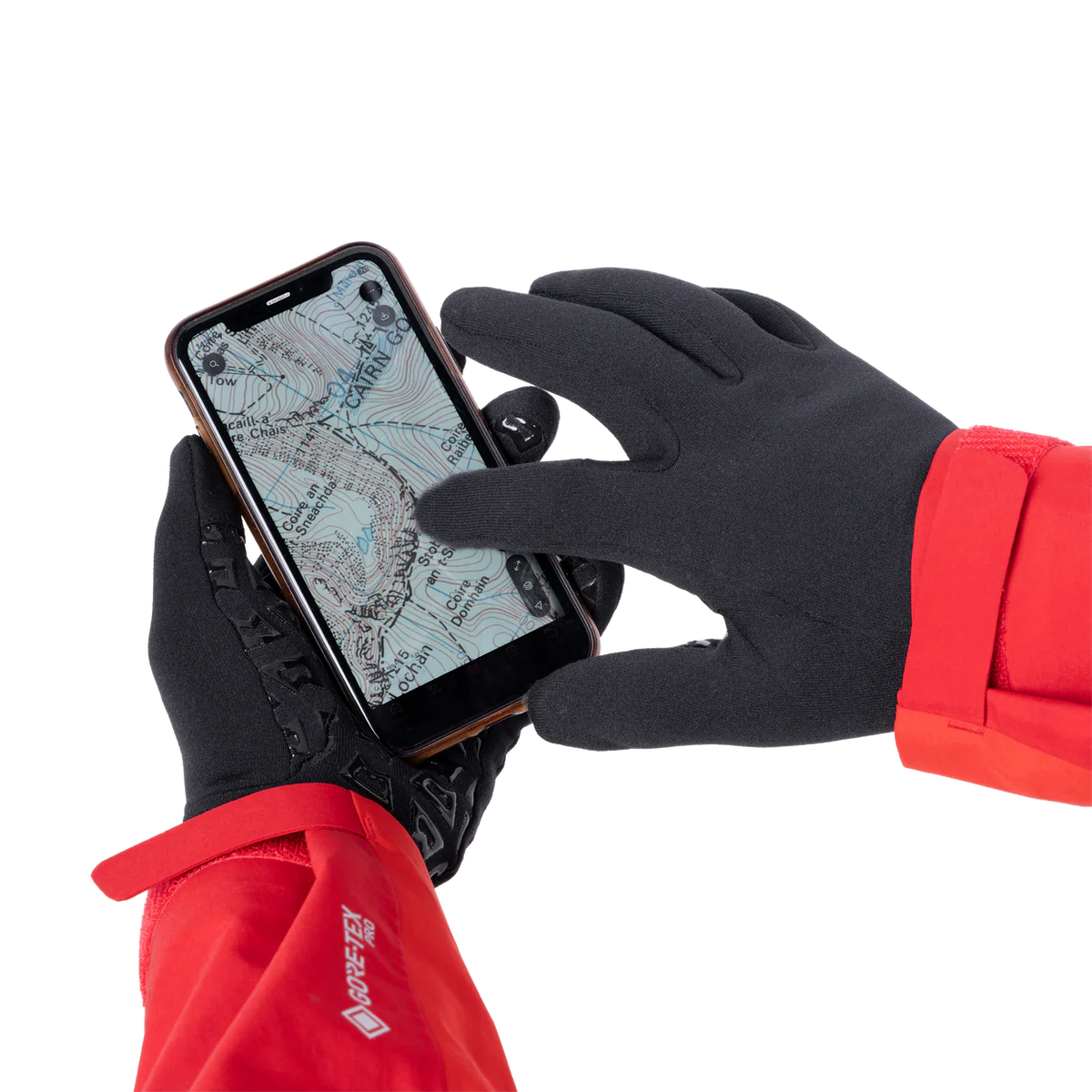 Mountain Equipment Touch Screen Grip Gloves in Black - Touch Screen Compatible Finger in Use