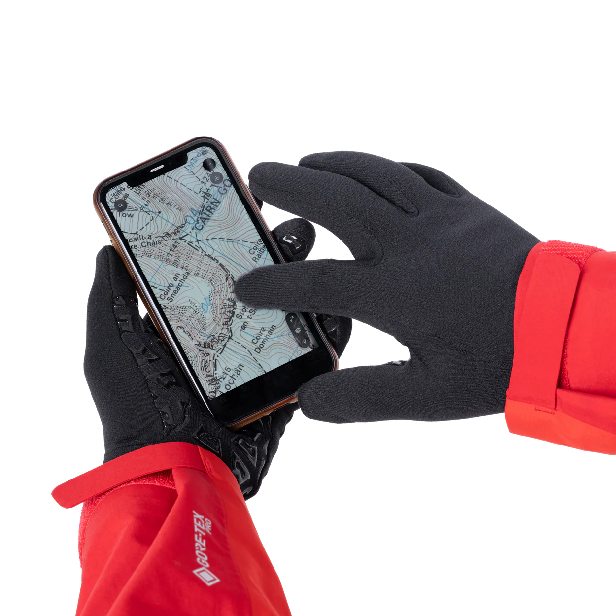 Mountain Equipment Touch Screen Grip Gloves in Black - Touch Screen Compatible Finger in Use