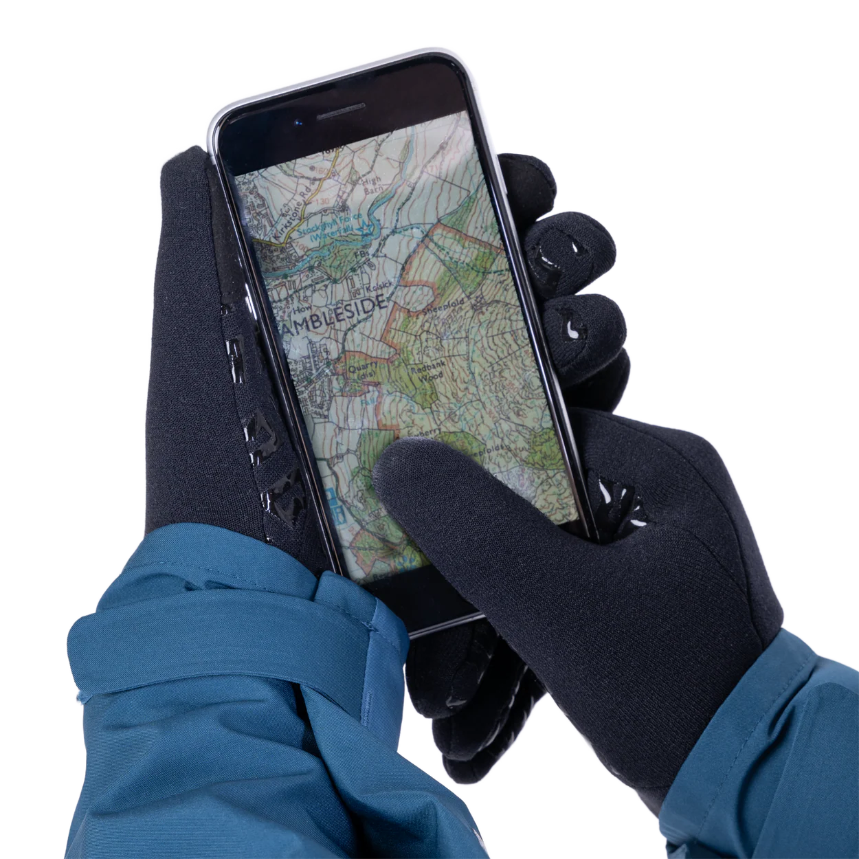 Mountain Equipment Touch Screen Grip Women's Gloves in Black - Touch Screen Compatible Finger in Use