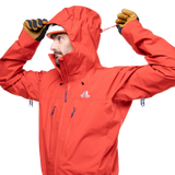 Mountain Equipment Tupilak Men's GORE-TEX Jacket in Chili Red - Hood Adjustment on Model
