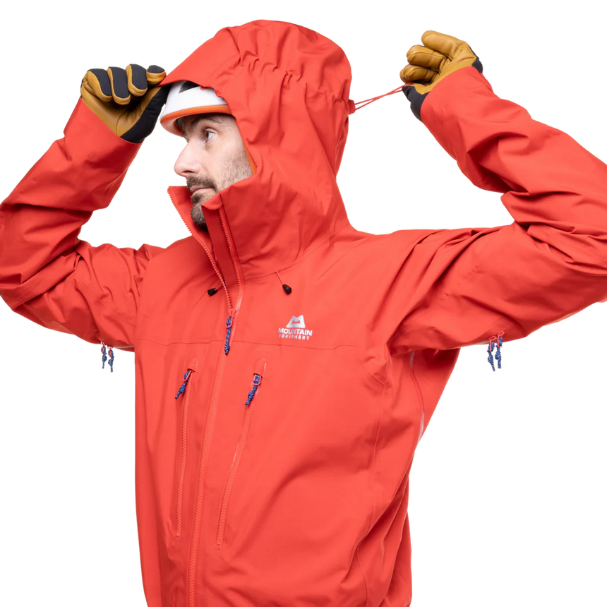 Mountain Equipment Tupilak Men's GORE-TEX Jacket in Chili Red - Hood Adjustment on Model