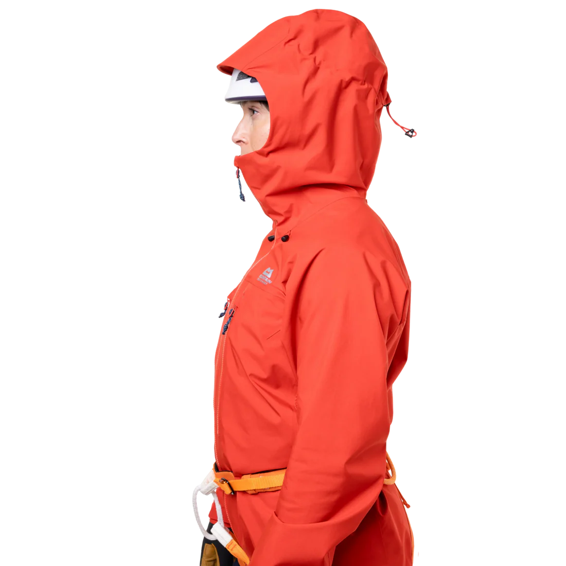 Mountain Equipment Tupilak Women's GORE-TEX Jacket in Chili Red - Hood Up on Model