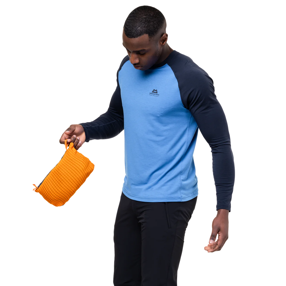 Dual tether hem drawcord detail on Mountain Equipment Aerotherm Men's Jacket in Blue Nights/Ember for use under a harness or rucksack waistbelt