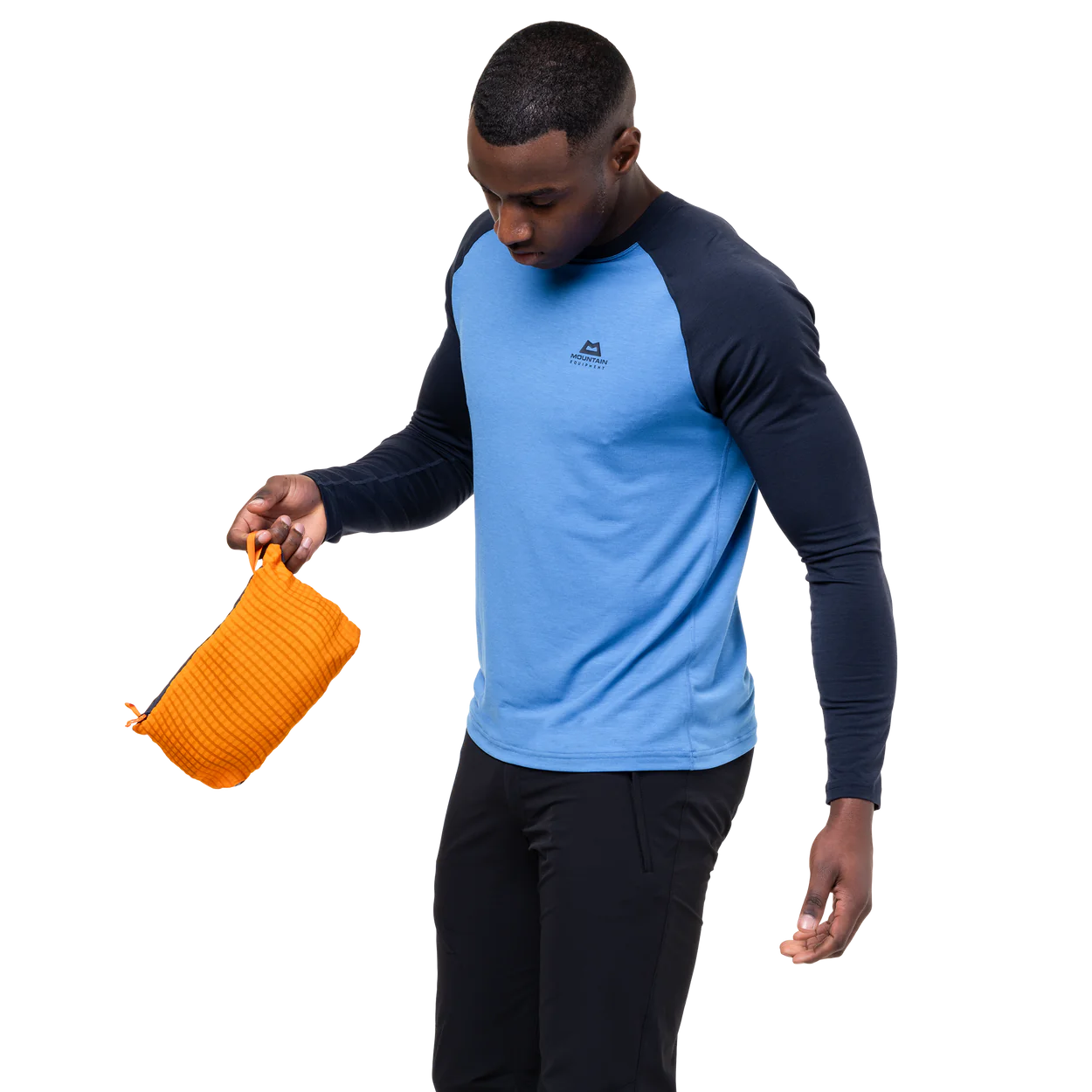 Dual tether hem drawcord detail on Mountain Equipment Aerotherm Men's Jacket in Blue Nights/Ember for use under a harness or rucksack waistbelt