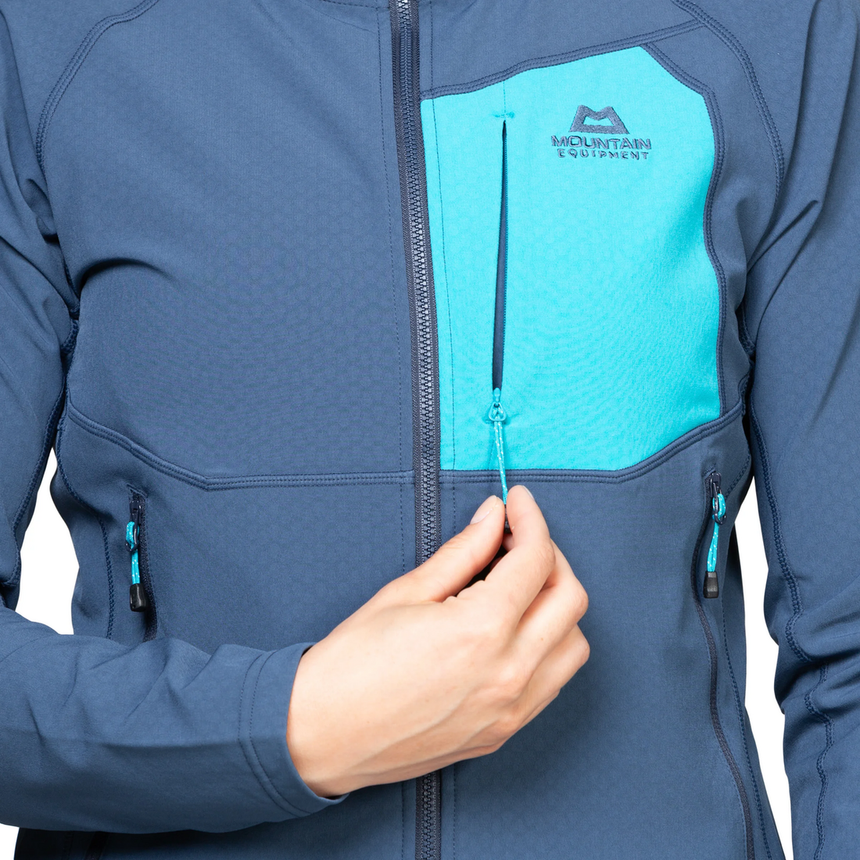 Mountain Equipment Arrow Hooded Women's Jacket Outdoor Action Dusk/Topaz- Chest Pocket