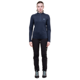 Mountain Equipment Cerrig Women's LS Zip T Outdoor Action Cosmos- Front Fit on Model