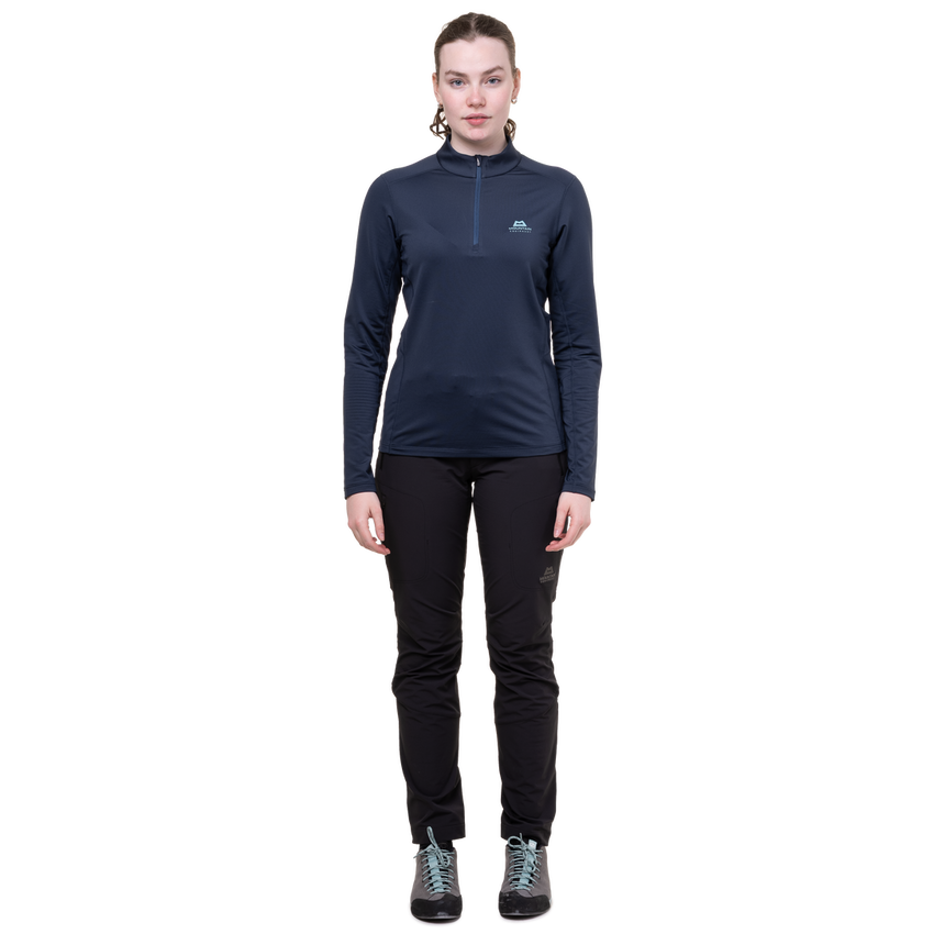 Mountain Equipment Cerrig Women's LS Zip T Outdoor Action Cosmos- Front Fit on Model