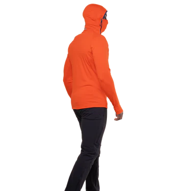 Mountain Equipment Eclipse Hooded Men's Zip T Outdoor Action Magma/Medieval- Offset zip closure