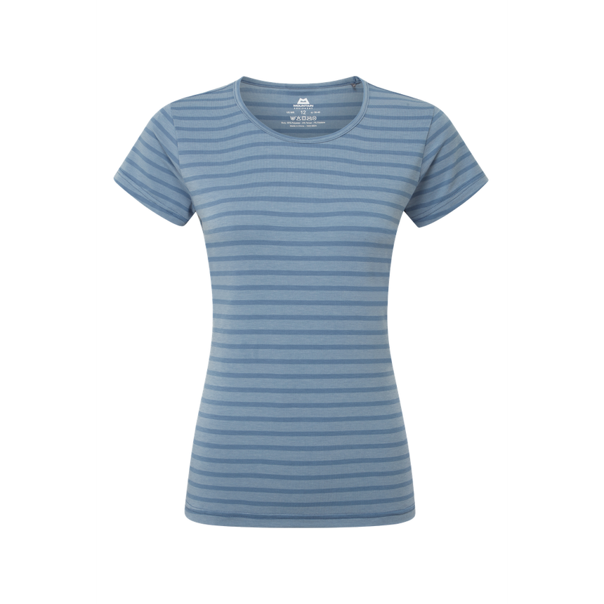Mountain Equipment Groundup Stripe Women's Tee Outdoor Action Bluefin Stripe- Front