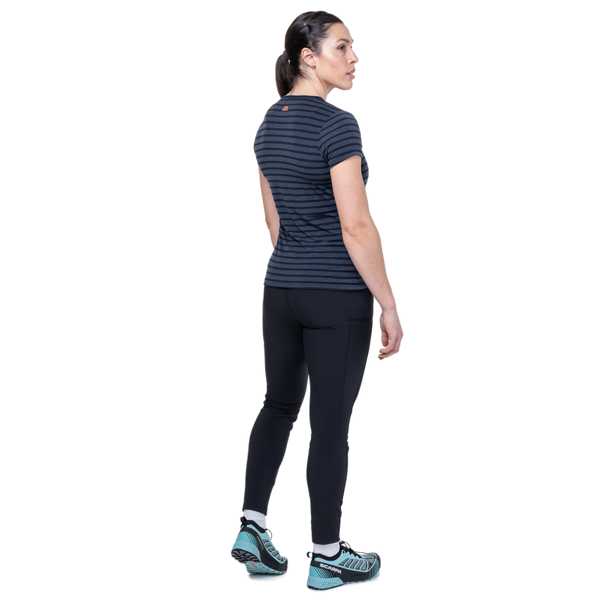 Mountain Equipment Groundup Stripe Women's Tee Outdoor Action Cosmos Stripe- back fit on model