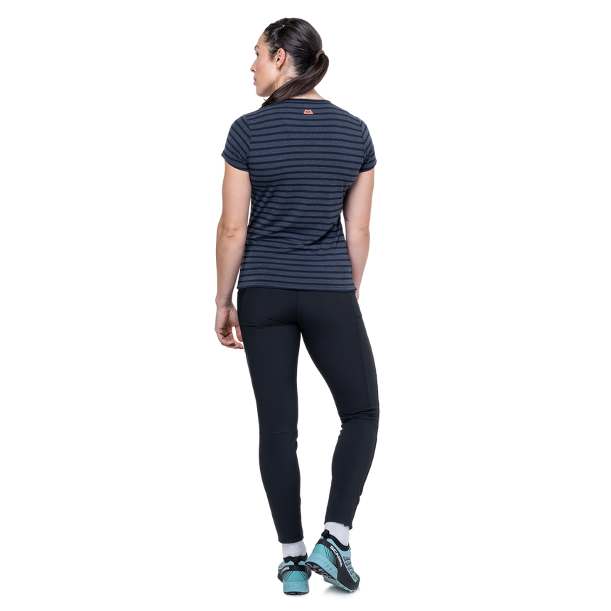 Mountain Equipment Groundup Stripe Women's Tee Outdoor Action Cosmos Stripe- back fit on model