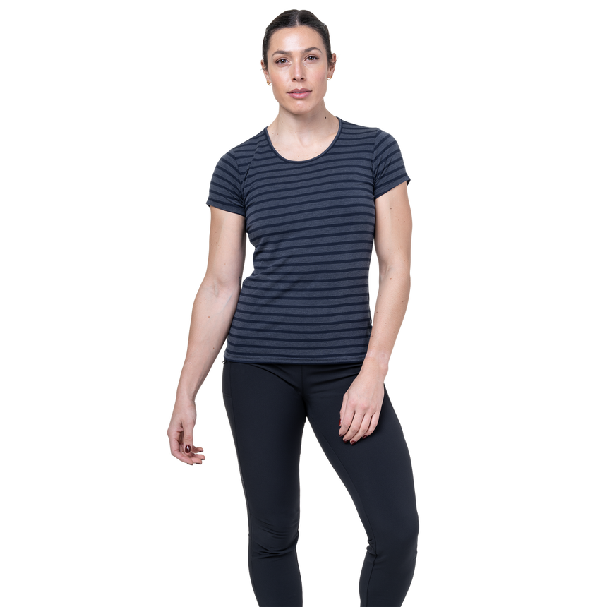 Mountain Equipment Groundup Stripe Women's Tee Outdoor Action Cosmos Stripe- front fit on model