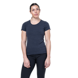 Mountain Equipment Groundup Stripe Women's Tee Outdoor Action Cosmos Stripe- front fit on model