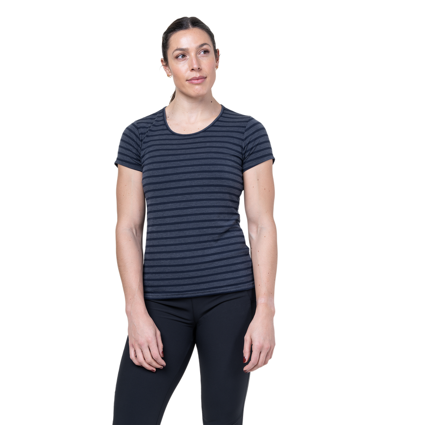 Mountain Equipment Groundup Stripe Women's Tee Outdoor Action Cosmos Stripe- front fit on model