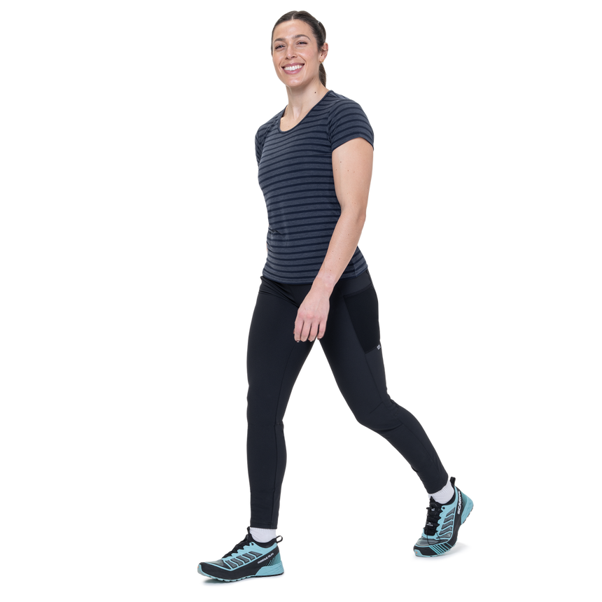 Mountain Equipment Groundup Stripe Women's Tee Outdoor Action Cosmos Stripe- side fit on model