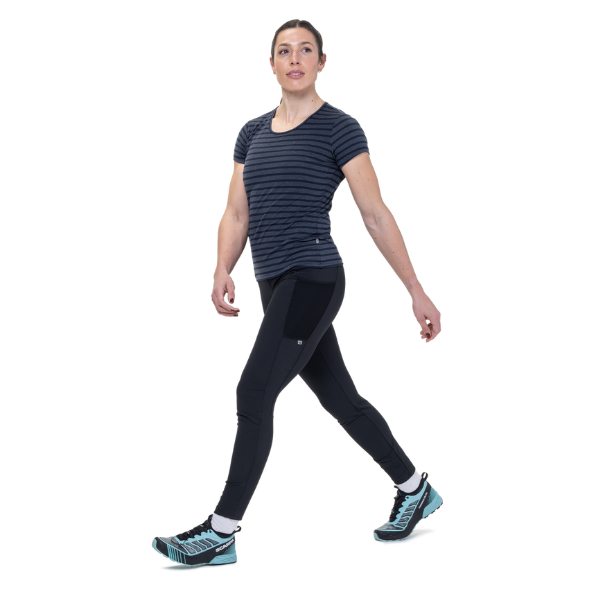 Mountain Equipment Groundup Stripe Women's Tee Outdoor Action Cosmos Stripe- side fit on model