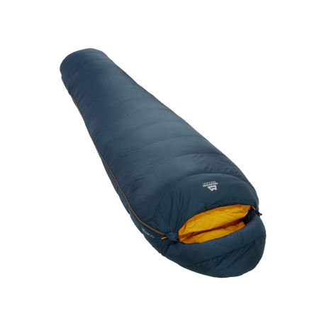 Mountain Equipment Helium 250 Sleeping Bag Outdoor Action Majolica Blue- Slanted Full Length