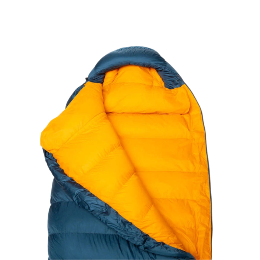 Mountain Equipment Helium 400 Sleeping Bag Outdoor Action Majolica Blue- Gemini Zip Baffle