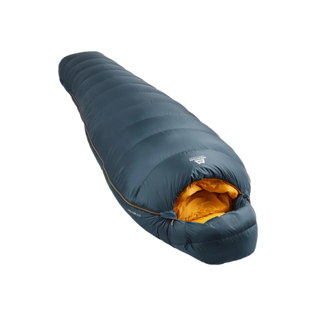 Mountain Equipment Helium 600 Sleeping Bag Outdoor Action Majolica Blue- Slanted Full Length