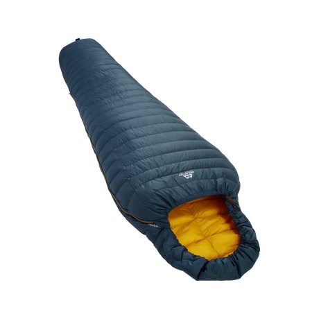 Mountain Equipment Helium Solo Sleeping Bag Outdoor Action Majolica Blue- slanted full length