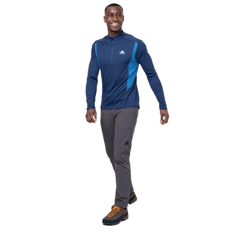 Mountain Equipment Ignis Long Sleeve Men's Zip Tee Outdoor Action Admiral/Atlantic- Front Fit
