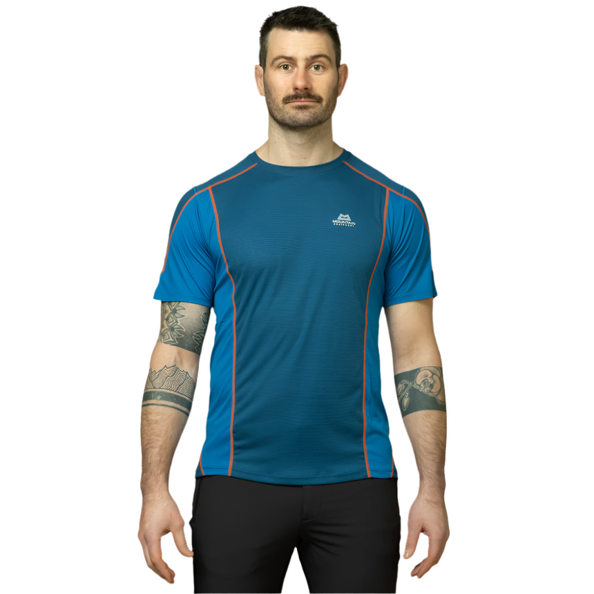 Mountain Equipment Ignis Men's Tee Outdoor Action Majolica/Alto Blue- front fit on model