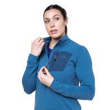 Mountain Equipment Lumiko Women's Zip T Outdoor Action Stellar/Majolica- Center Front Zip
