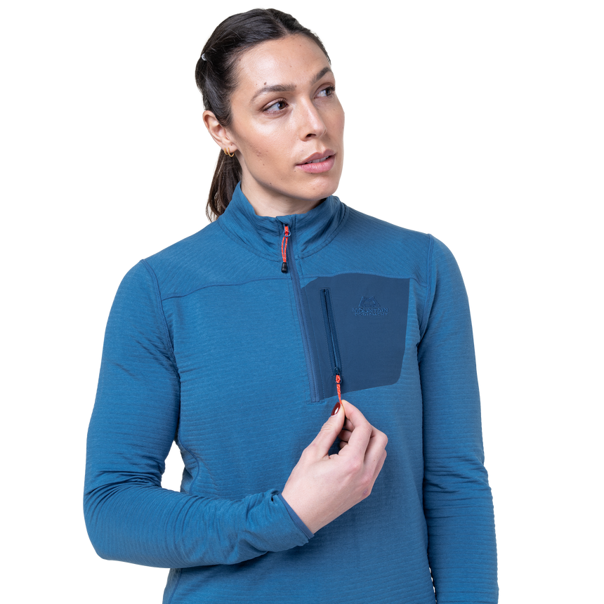 Mountain Equipment Lumiko Women's Zip T Outdoor Action Stellar/Majolica- Chest Pocket